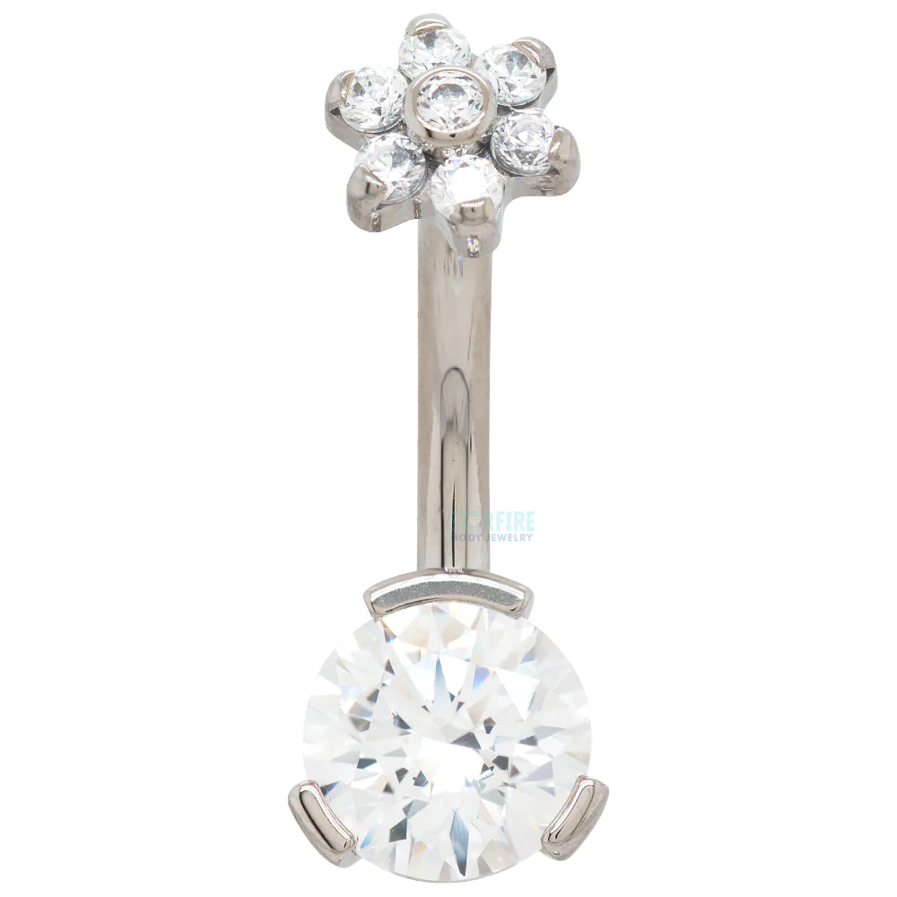3 Prong-Set Faceted Gem Navel Curve with Flower Top - Image 2