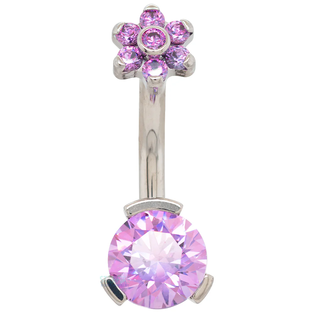 3 Prong-Set Faceted Gem Navel Curve with Flower Top - Image 3