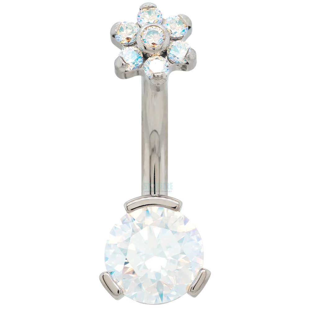 3 Prong-Set Faceted Gem Navel Curve with Flower Top - Image 4