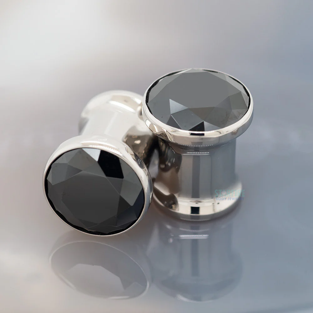 Single Gem BIG BLING Plugs ( Eyelets ) with Brilliant-Cut Gem - Black - Image 2