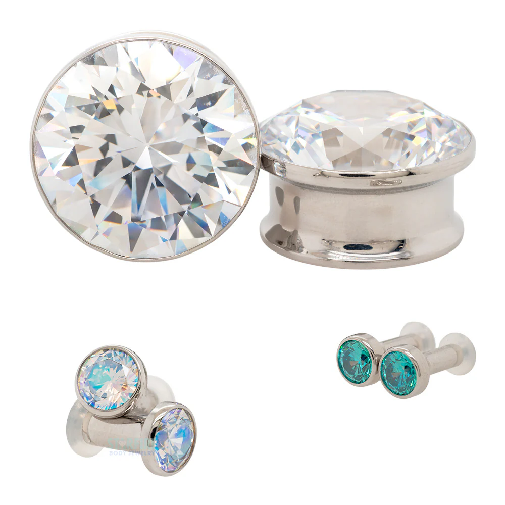 Single Gem BIG BLING Plugs ( Eyelets ) with Brilliant-Cut Gem - Mint Green - Image 2