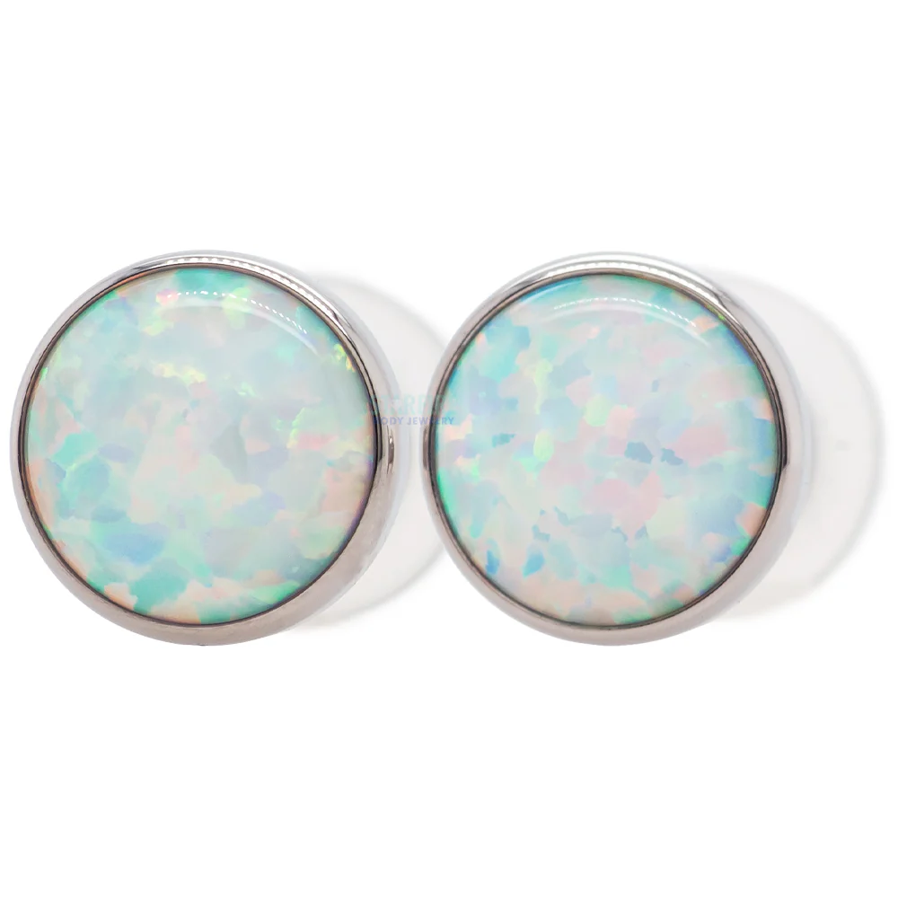 Single Gem Plugs ( Eyelets ) with Opal Cabochon - White Opal - Image 3