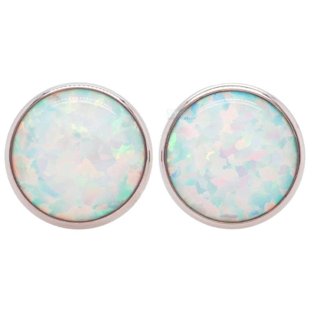 Single Gem Plugs ( Eyelets ) with Opal Cabochon - White Opal - Image 4
