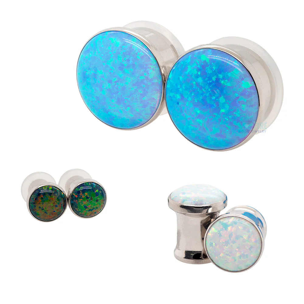 Single Gem Plugs ( Eyelets ) with Opal Cabochon - Purple Opal - Image 2