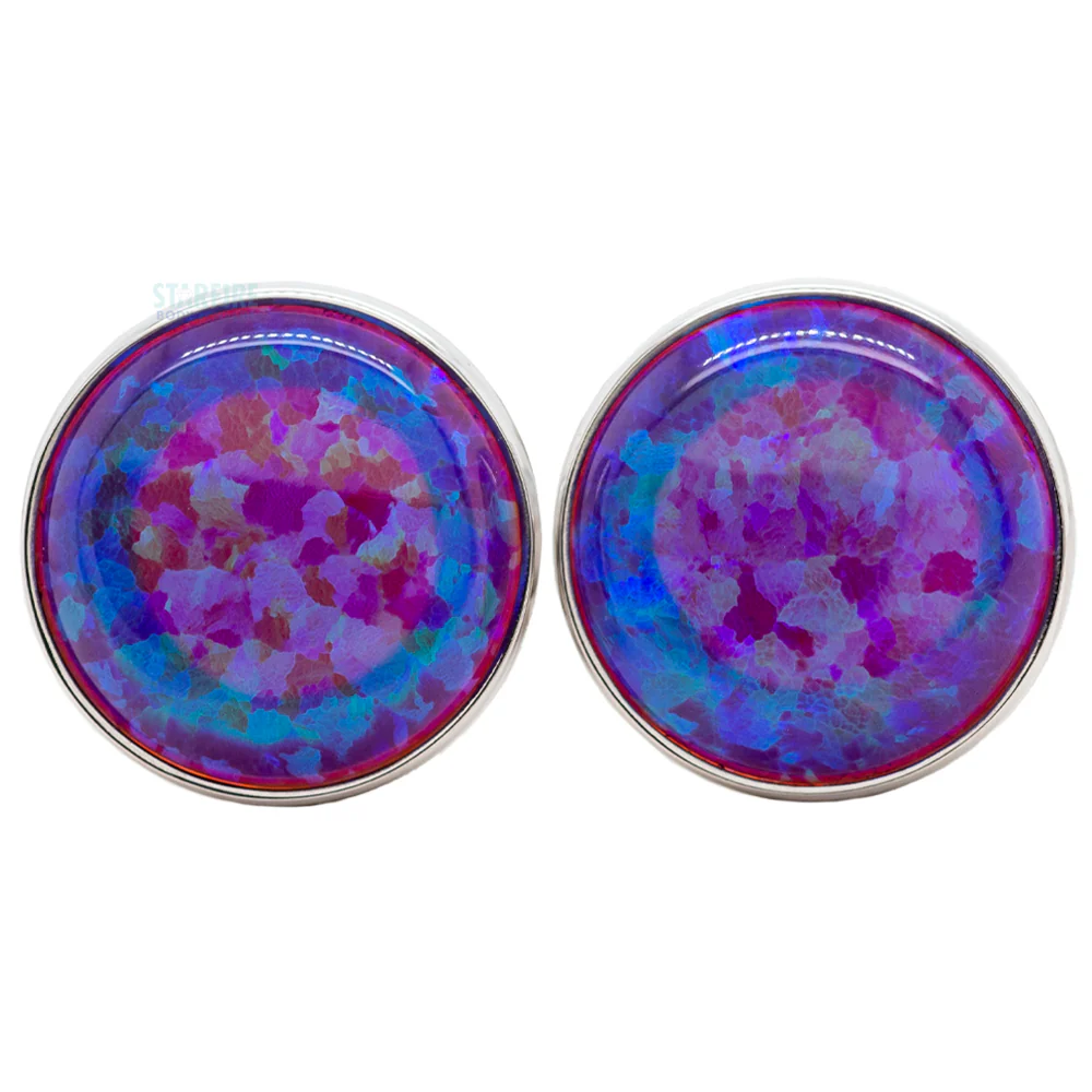 Single Gem Plugs ( Eyelets ) with Opal Cabochon - Purple Opal - Image 3