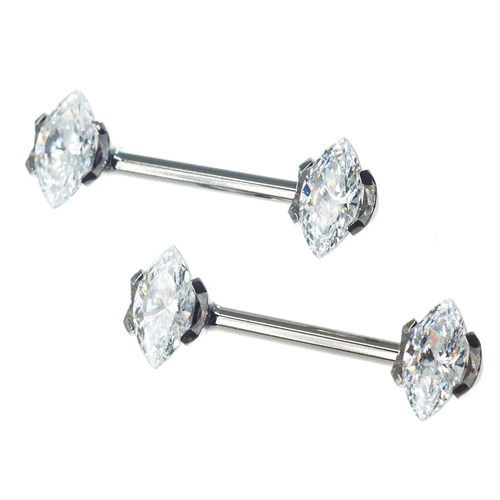 threadless: Marquise-Cut Brilliant-Cut Gems Side-Set Nipple Barbells in Prong's - 1/2" - pair - Image 3