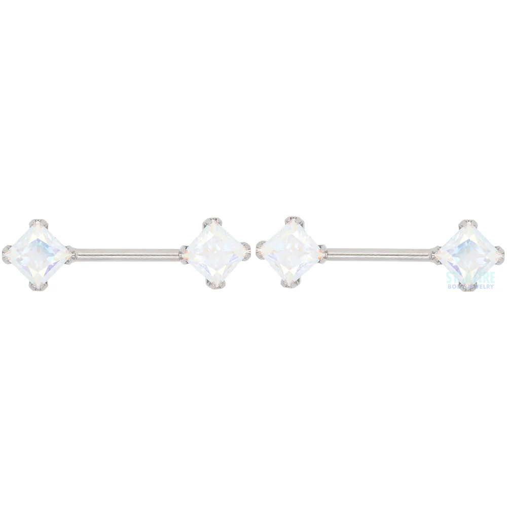 threadless: Princess-Cut Brilliant-Cut Gems Side-Set Nipple Barbells in Prong's - 1/2" - pair - Image 10