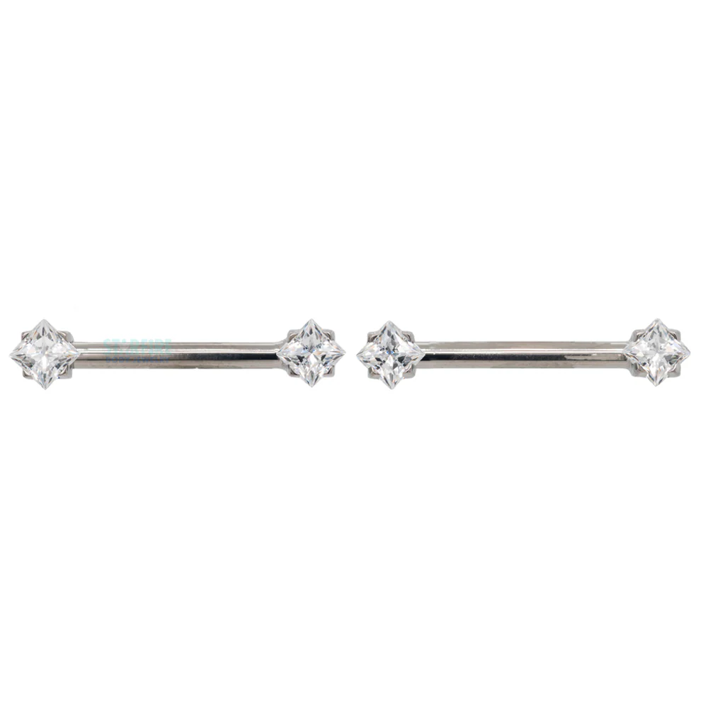 threadless: Princess-Cut Brilliant-Cut Gems Side-Set Nipple Barbells in Prong's - 1/2" - pair - Image 3