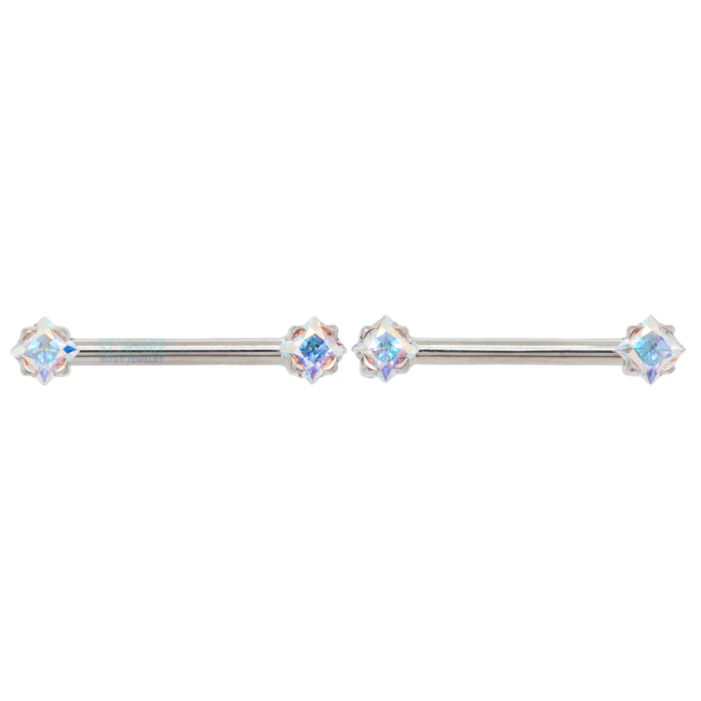threadless: Princess-Cut Brilliant-Cut Gems Side-Set Nipple Barbells in Prong's - 1/2" - pair - Image 4