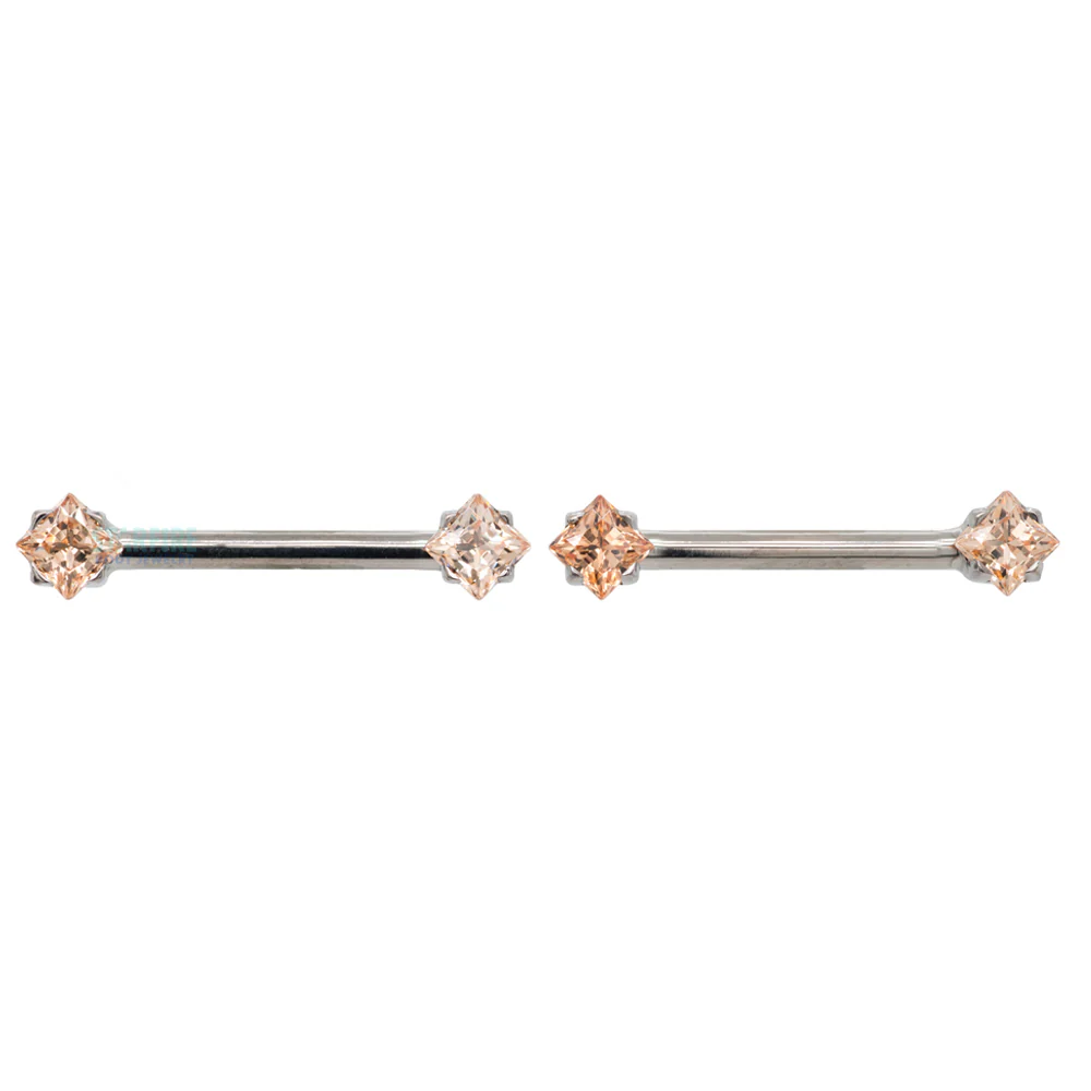 threadless: Princess-Cut Brilliant-Cut Gems Side-Set Nipple Barbells in Prong's - 1/2" - pair - Image 5