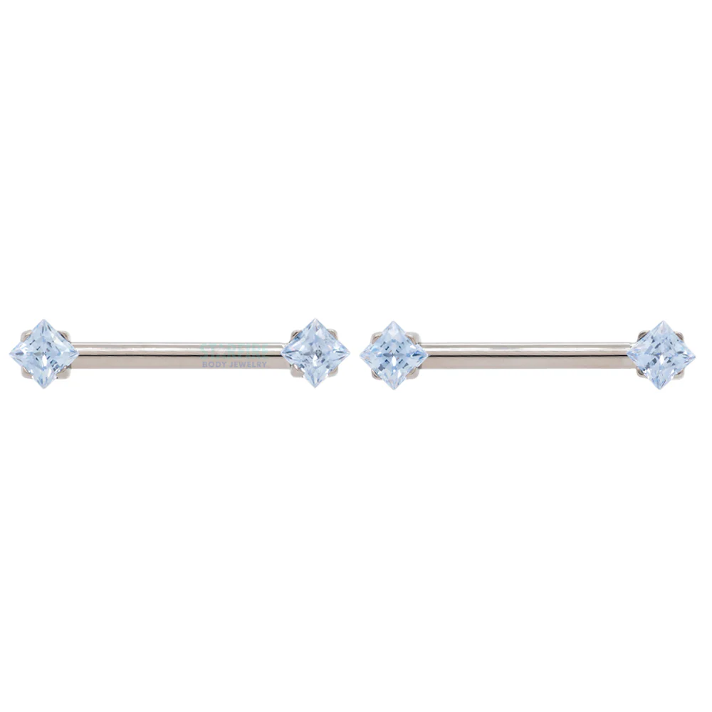 threadless: Princess-Cut Brilliant-Cut Gems Side-Set Nipple Barbells in Prong's - 1/2" - pair - Image 7