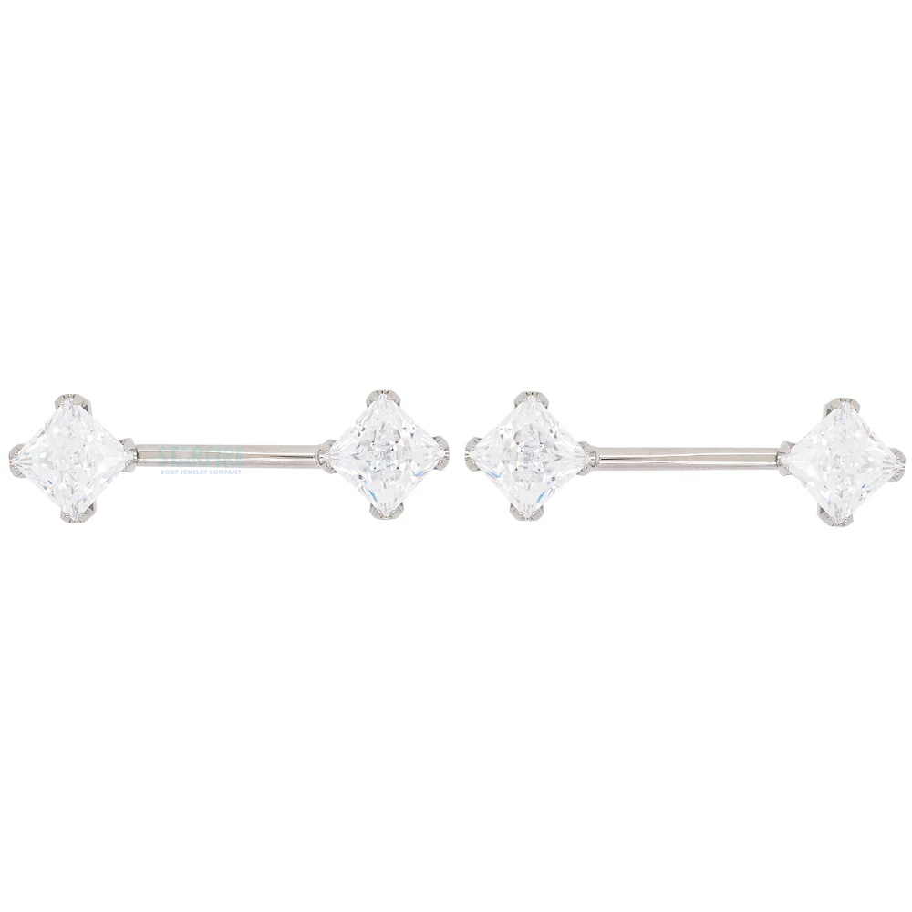 threadless: Princess-Cut Brilliant-Cut Gems Side-Set Nipple Barbells in Prong's - 1/2" - pair - Image 9