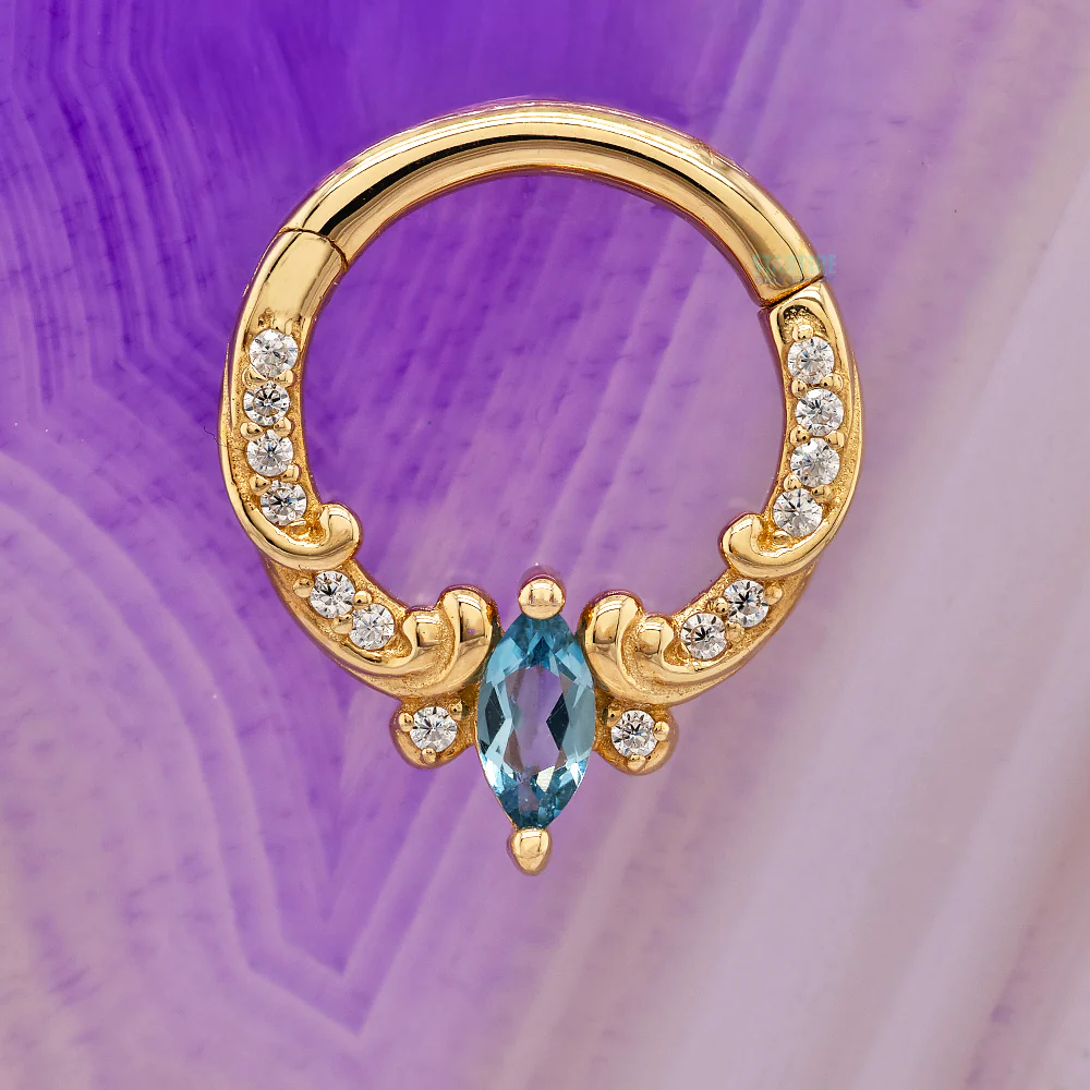 "Coterie" Hinge Ring / Clicker in Gold with London Blue Topaz & CZ's - Image 2