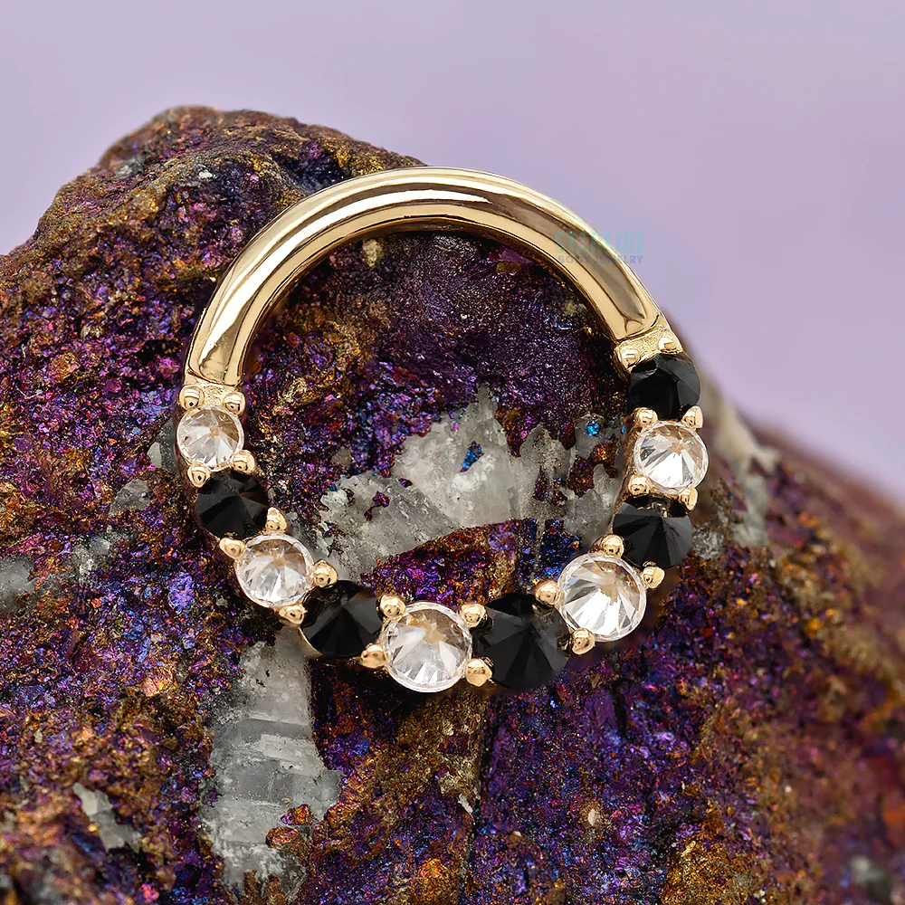 "Eclipse" Hinge Ring / Clicker in Gold with Black Spinel & Reverse Set CZ's - Image 2