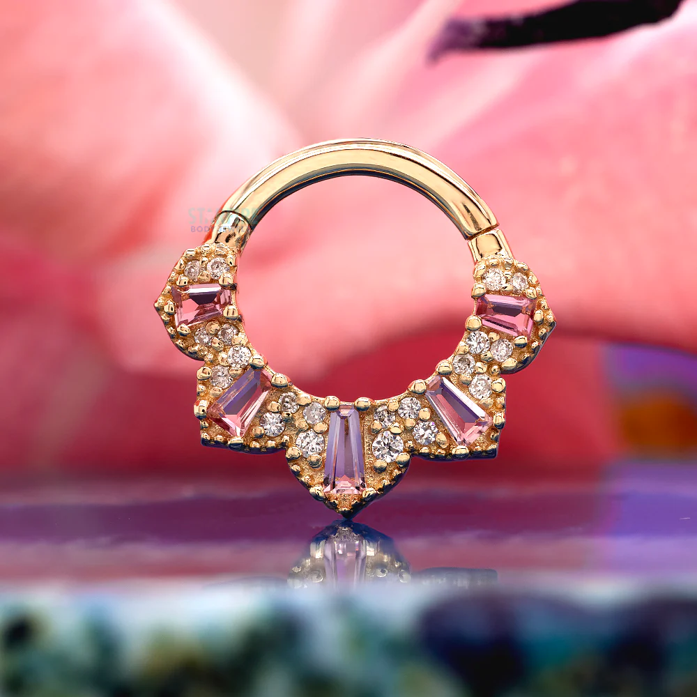 "Gilty Pleasure" Hinge Ring / Clicker in Gold with Pink Tourmaline & Diamonds - Image 2