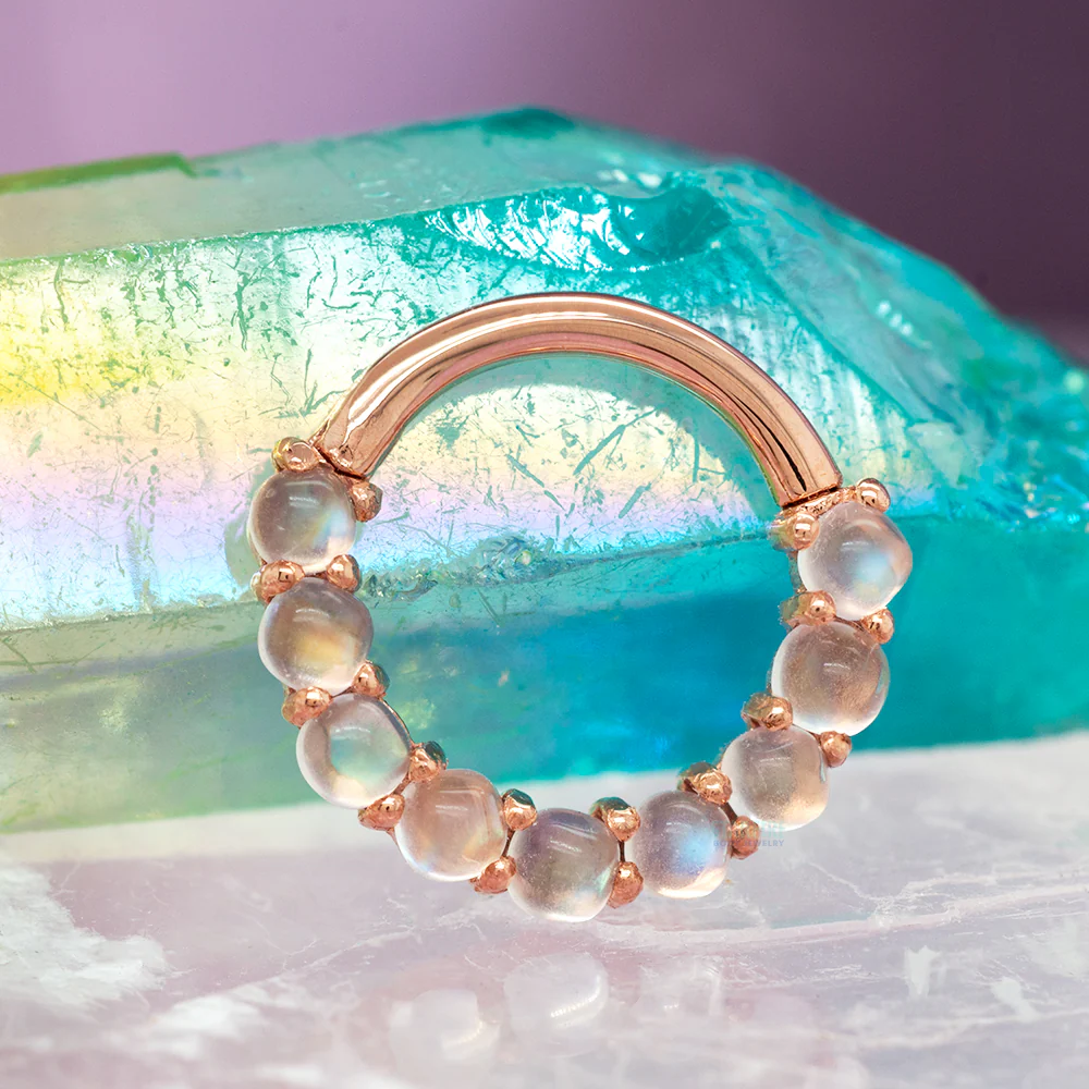 "Revel" Hinge Ring / Clicker in Gold with Rainbow Moonstone - Image 2