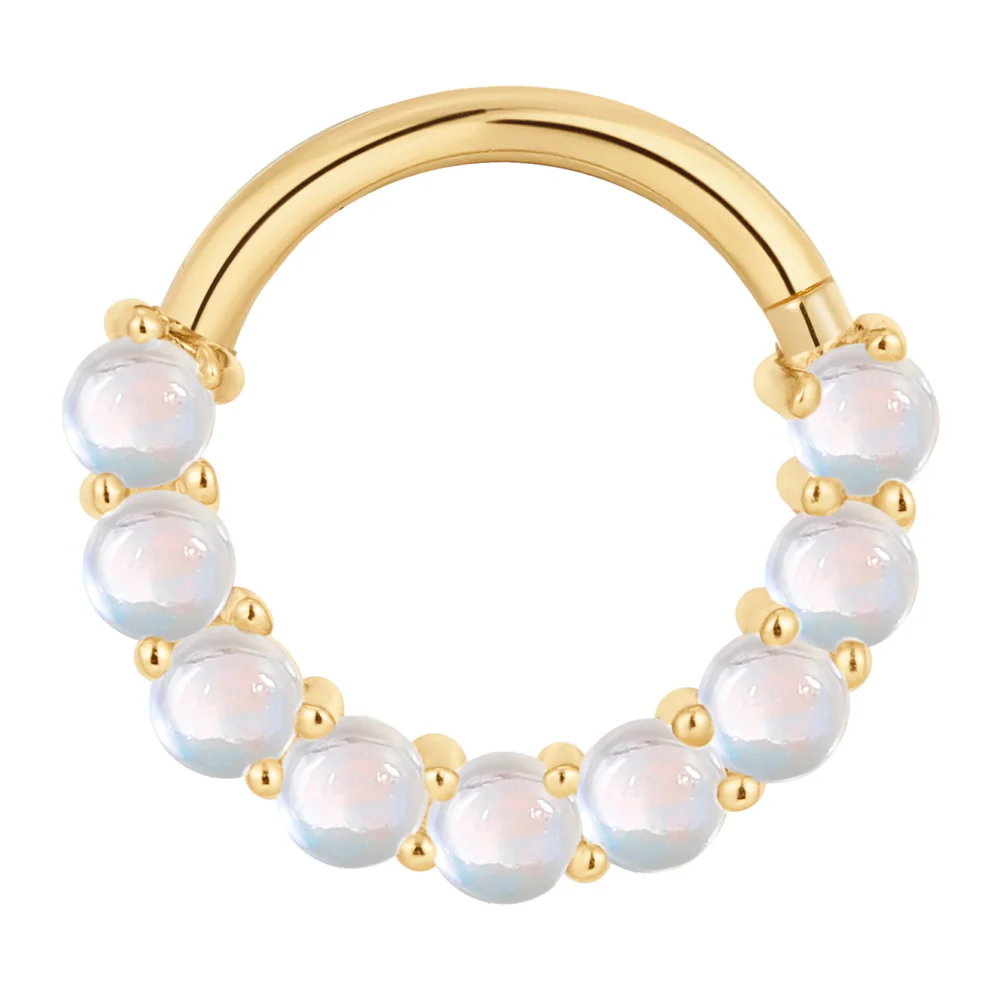 "Revel" Hinge Ring / Clicker in Gold with Rainbow Moonstone - Image 3