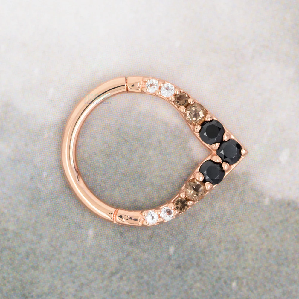 "Rise & Shine" Hinge Ring / Clicker in Gold with Ombre Smokey Quartz & Black Spinel - Image 2