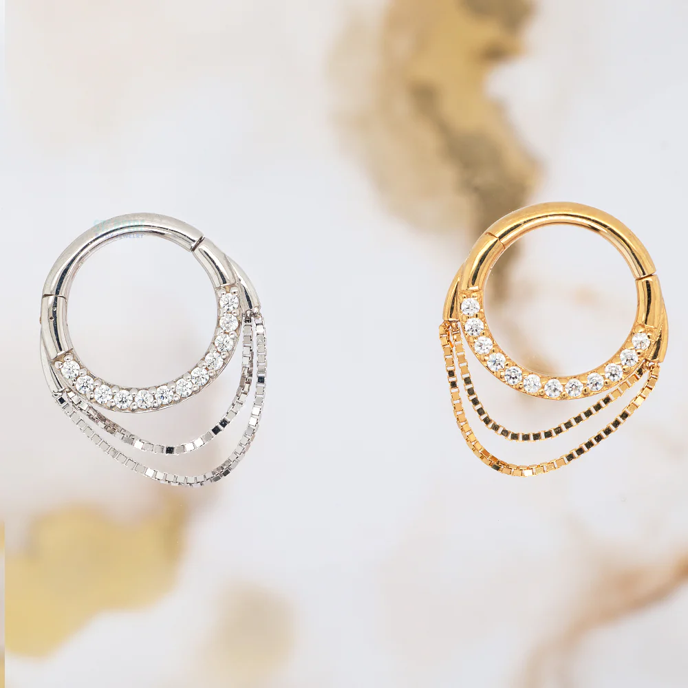 "Tempeste" with Chains Hinge Ring / Clicker in Gold with CZ's - Image 2