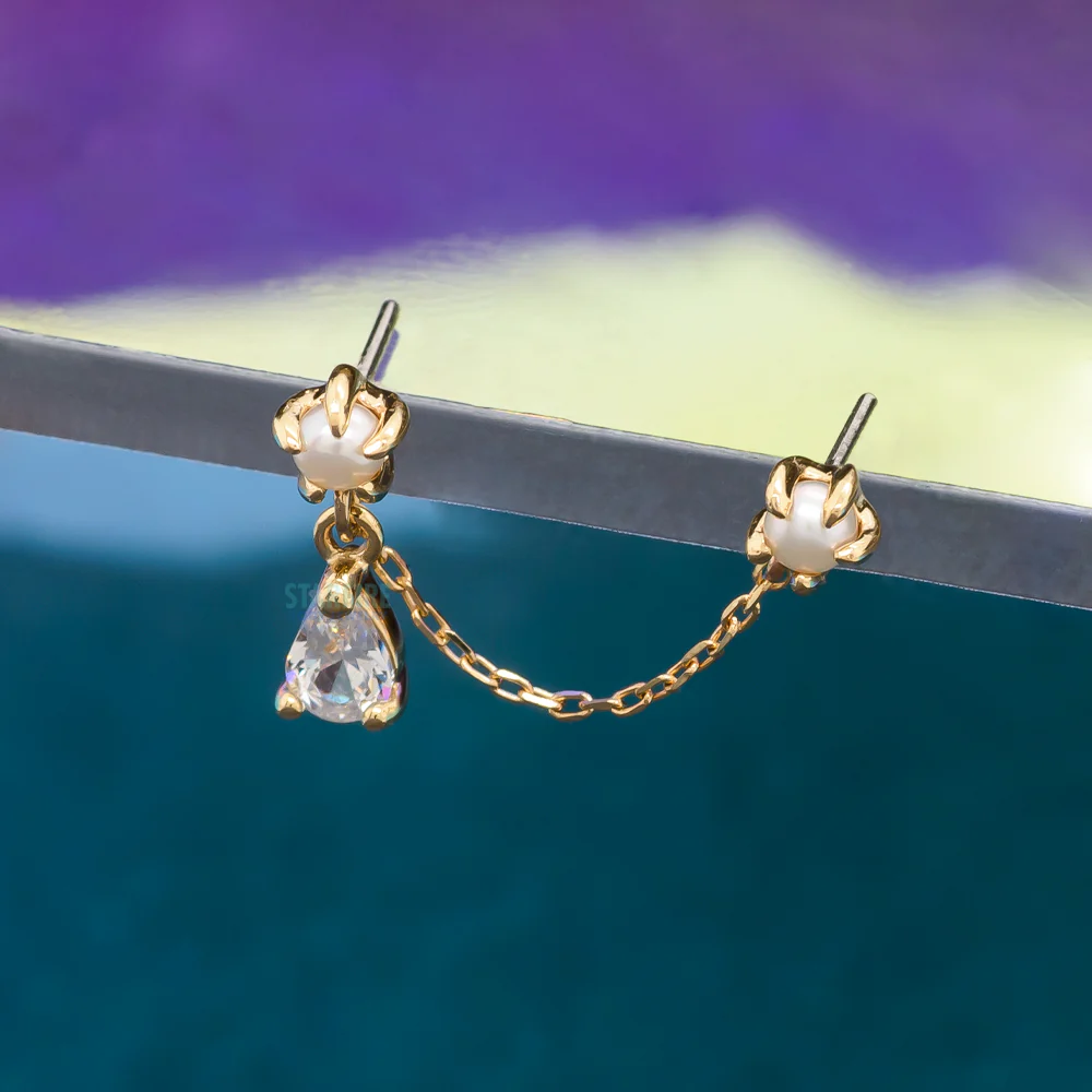 threadless: "Mischief" Chain Dual Pin End in Gold with Pearl & CZ - Image 2