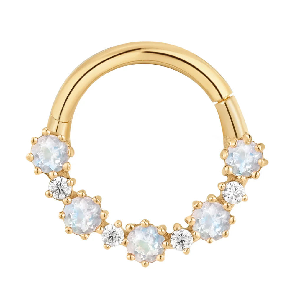 "Ariana" Hinge Ring / Clicker in Gold with Rainbow Moonstone & CZ's - Image 2