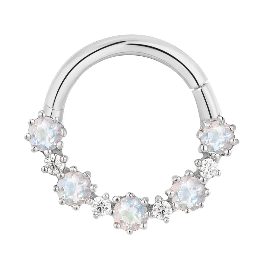 "Ariana" Hinge Ring / Clicker in Gold with Rainbow Moonstone & CZ's - Image 3