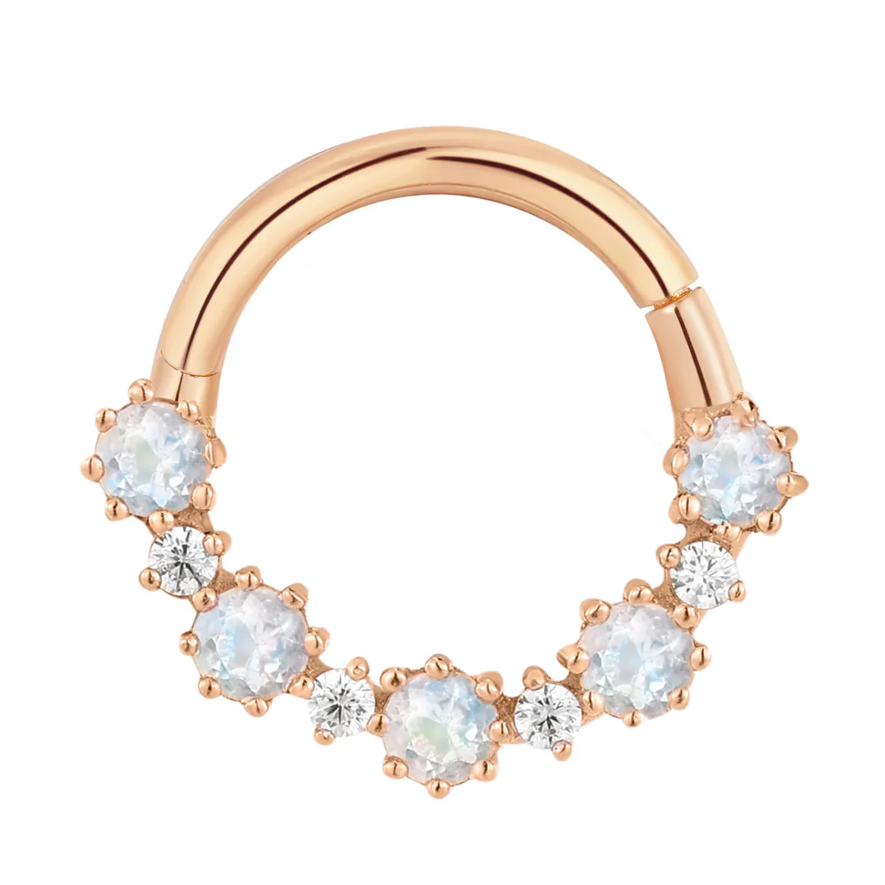 "Ariana" Hinge Ring / Clicker in Gold with Rainbow Moonstone & CZ's - Image 4