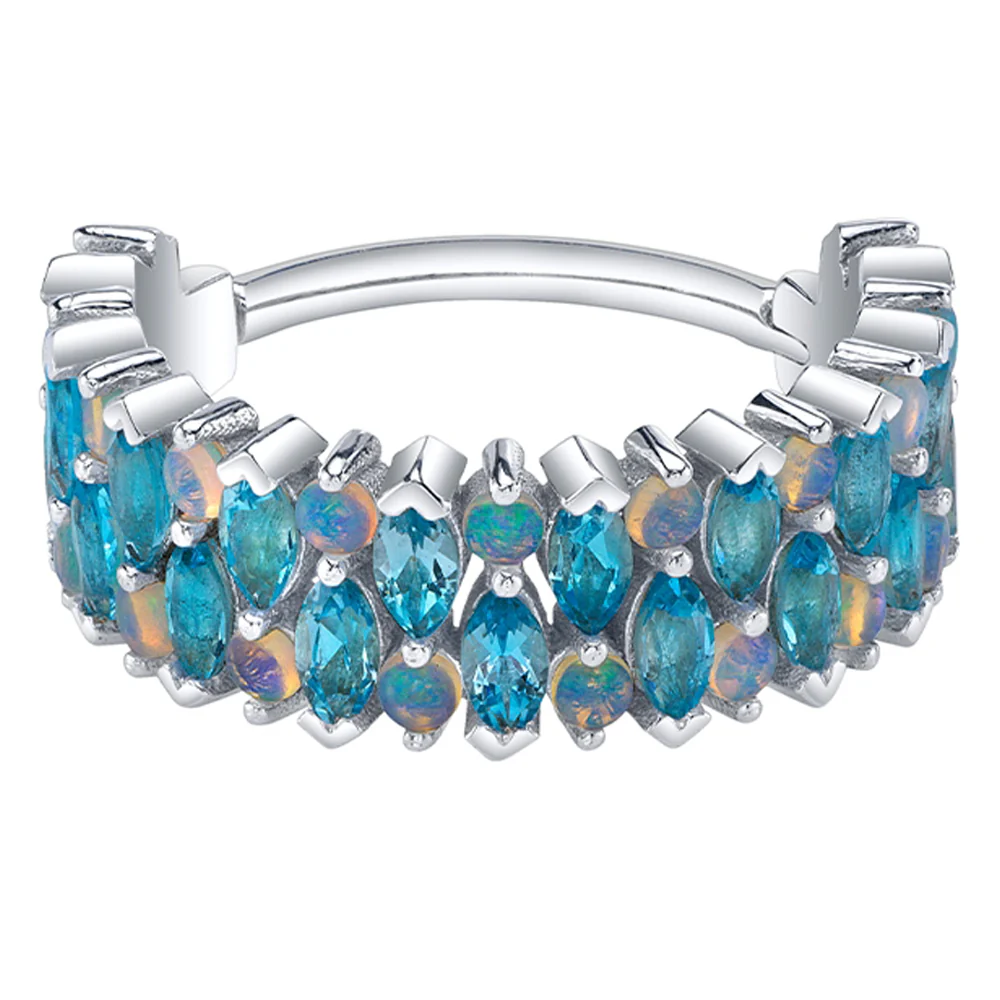 "2 Row Narrows" Hinge Ring in Gold with Swiss Blue Topaz & Genuine White Opals - Image 2