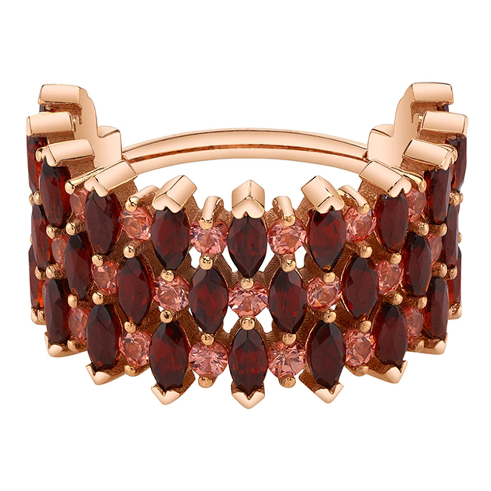 "3 Row Narrows" Hinge Ring in Gold with Garnet & Padparadscha Sapphires - Image 2