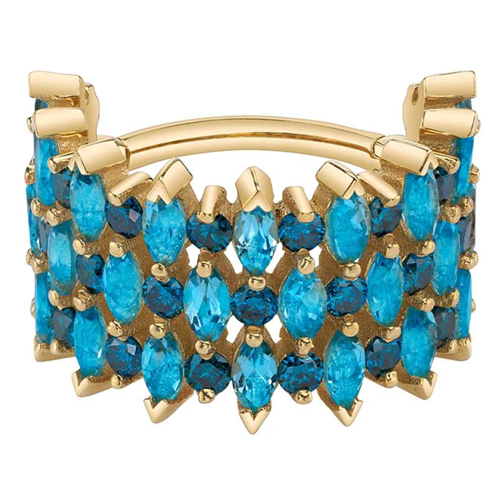 "3 Row Narrows" Hinge Ring in Gold with Swiss Blue Topaz & Ocean Blue Diamonds - Image 2