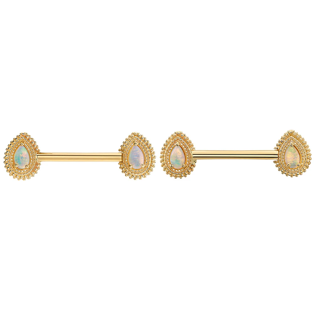 Afghan Pear Forward Facing Nipple Barbells in Gold with Genuine White Opal - Image 2