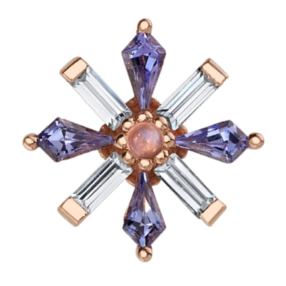 "Akira" Threaded End in Gold with White CZ, Tanzanite & Rainbow Moonstone Cabochon - Image 2