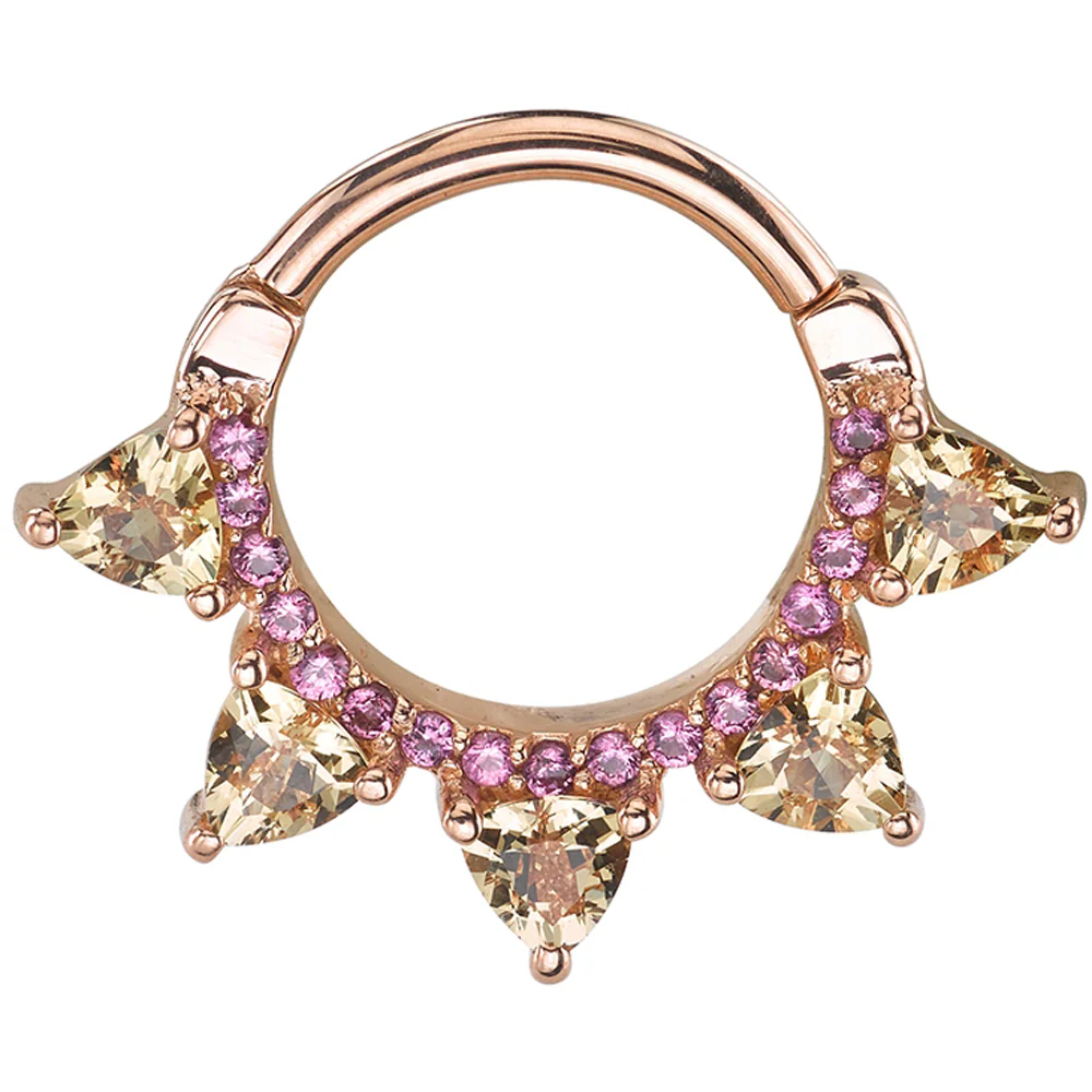 "Alpha" Hinge Ring in Gold with Champagne Sapphire & Rhodolite - Image 2