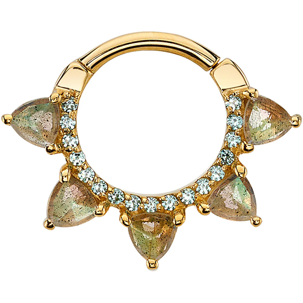 "Alpha" Hinge Ring in Gold with Rose Cut Labradorite & Cyan CZ's - Image 2