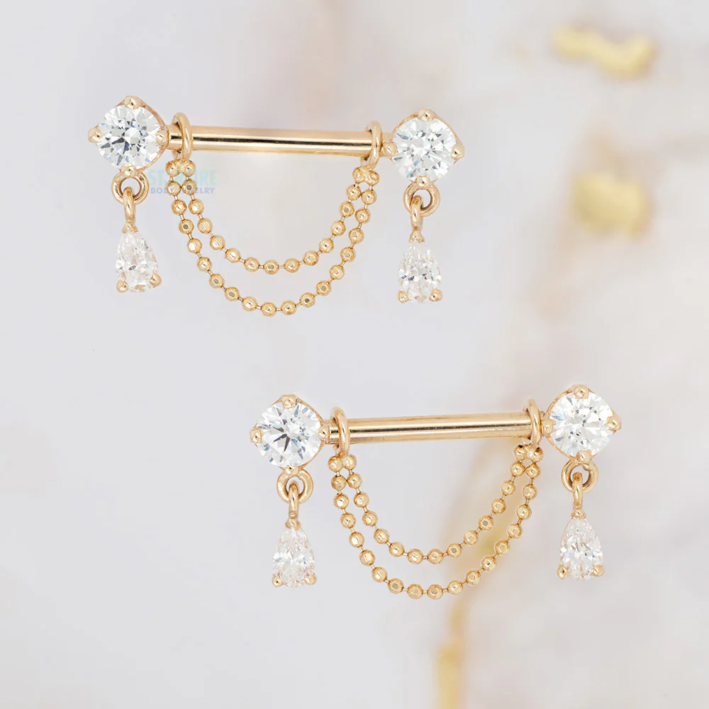 "Antoinette" Forward Facing Nipple Barbells With Chains in Gold & Platinum with White CZ's - Image 2