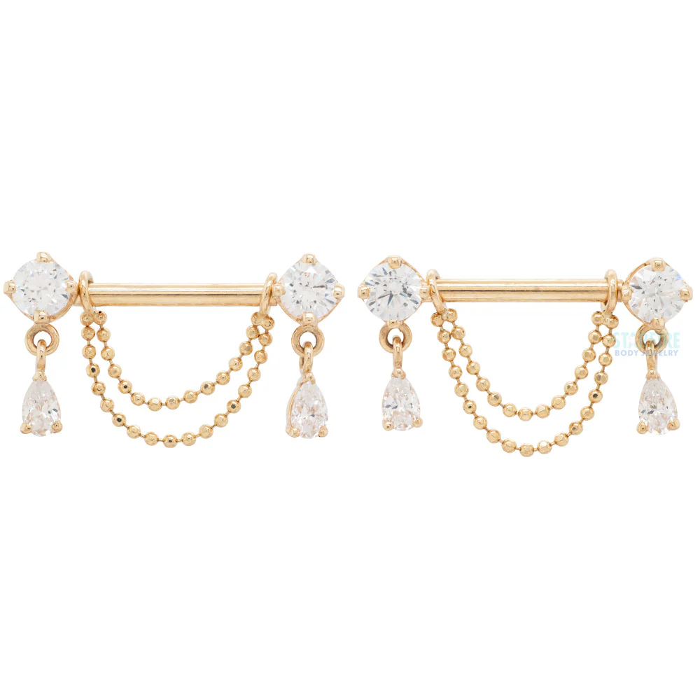 "Antoinette" Forward Facing Nipple Barbells With Chains in Gold & Platinum with White CZ's - Image 3