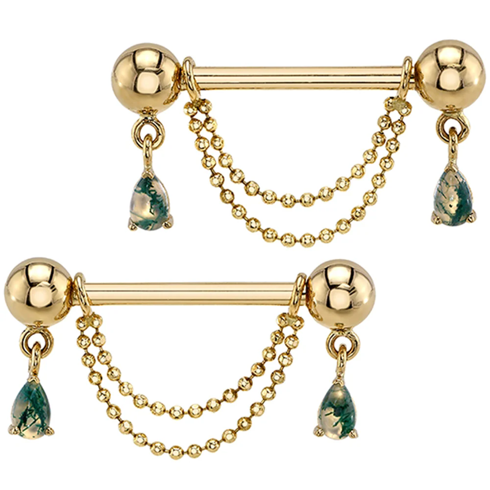 "Antoinette" Forward Facing Nipple Barbells With Chains in Gold & Platinum with Moss Agate - Image 2