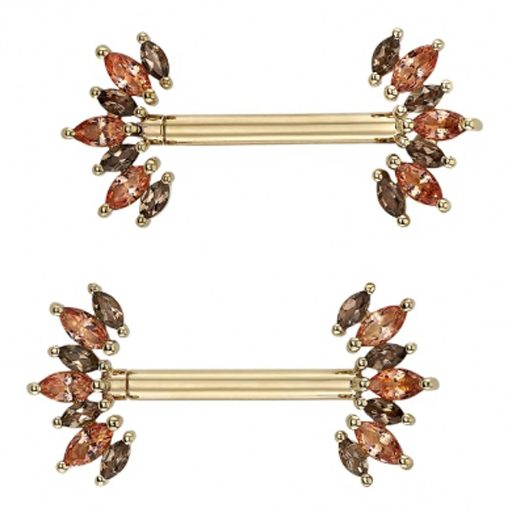 "Athena" Forward Facing Nipple Barbells in Gold with Smoky Quartz & Peach Topaz' - Image 2