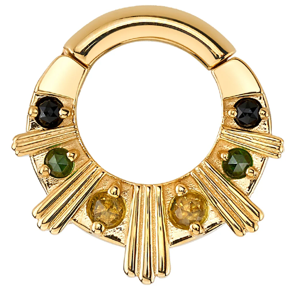 "Azval XL" Hinge Ring in Gold with Rose Cut Peridot, Green Tourmaline & Onyx - Image 2