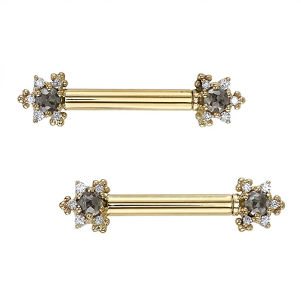 "Bayle" Forward Facing Nipple Barbells in Gold with Rose Cut Grey Diamond & DIAMONDS - Image 2