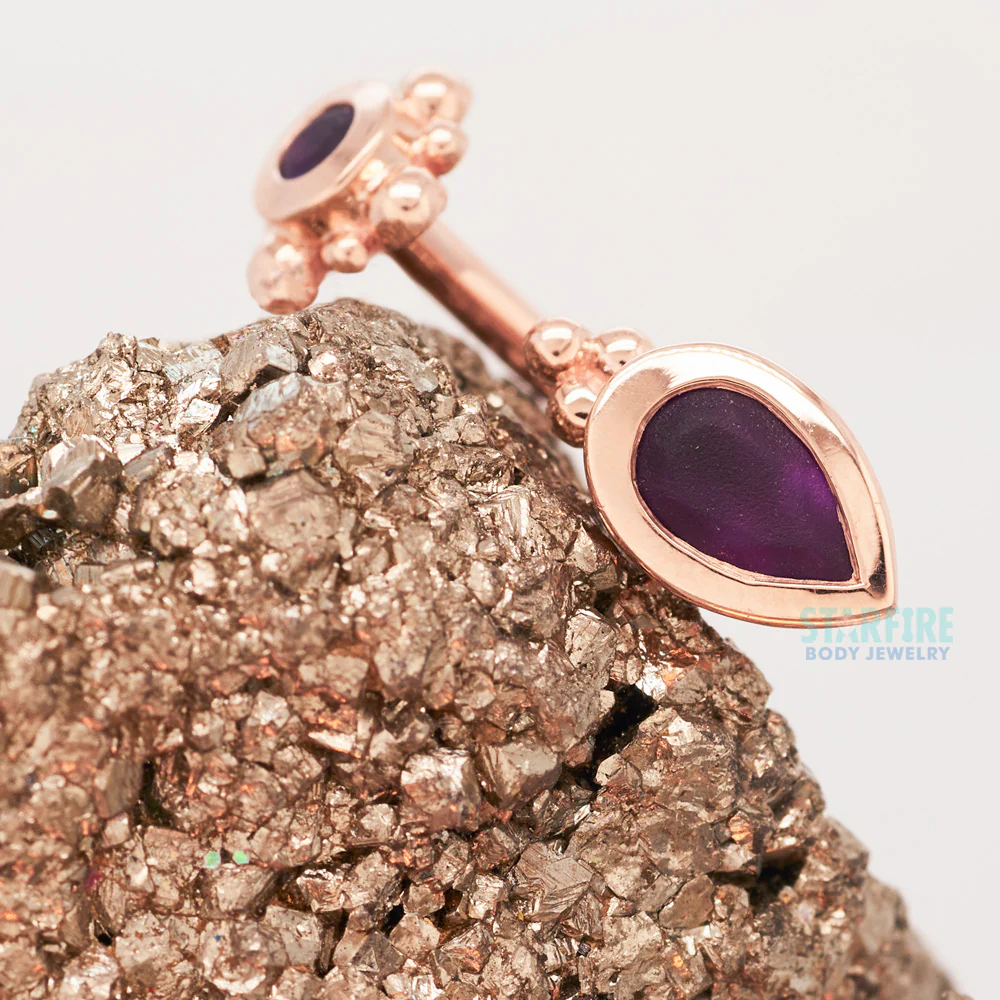 Beaded Pear J Curve in Gold with Sandblasted Amethyst - Image 2