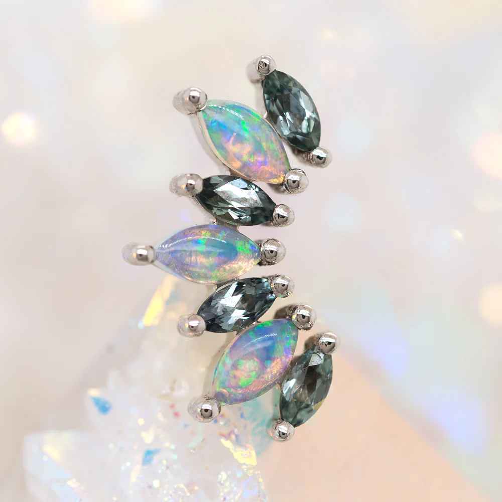 "Athena" Threaded End in Gold with Grey Sapphire & Genuine White Opals - Image 2