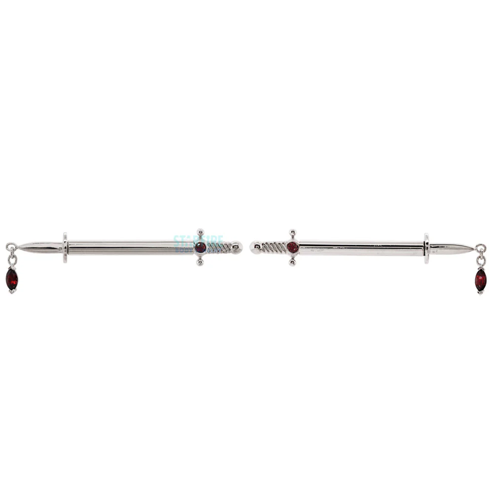 "Kiss of Death" Forward Facing Nipple Barbells in Gold with Garnets