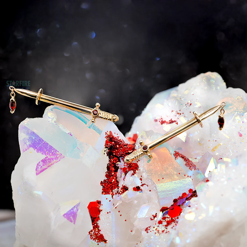 "Kiss of Death" Forward Facing Nipple Barbells in Gold with Garnets - Image 2