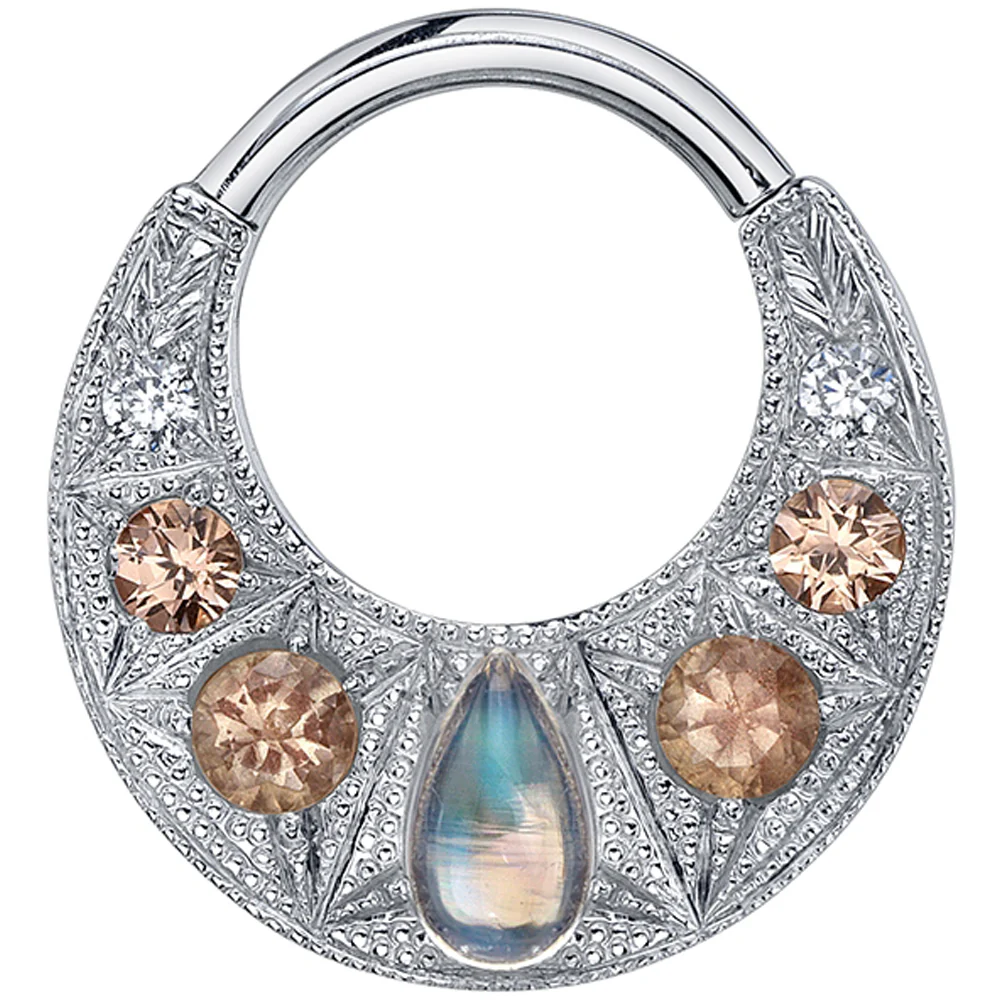 "Boston Tiger" Hinge Ring in Gold & Platinum with Rainbow Moonstone, Oregon Sunstone, Chatham Champagne Sapphire & White CZ's - Image 2