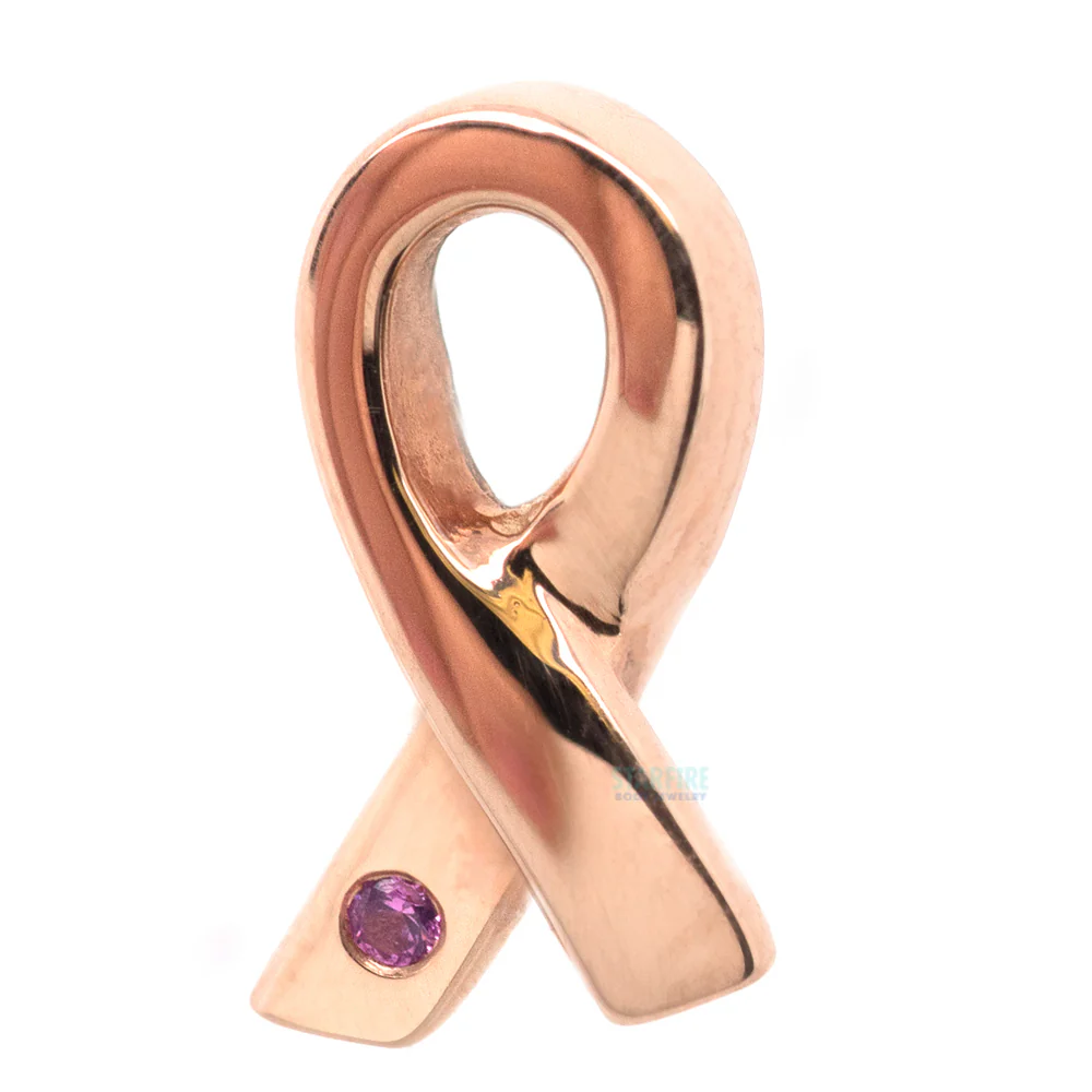 Breast Cancer Awareness Ribbon Threaded End in Gold with Pink Sapphire