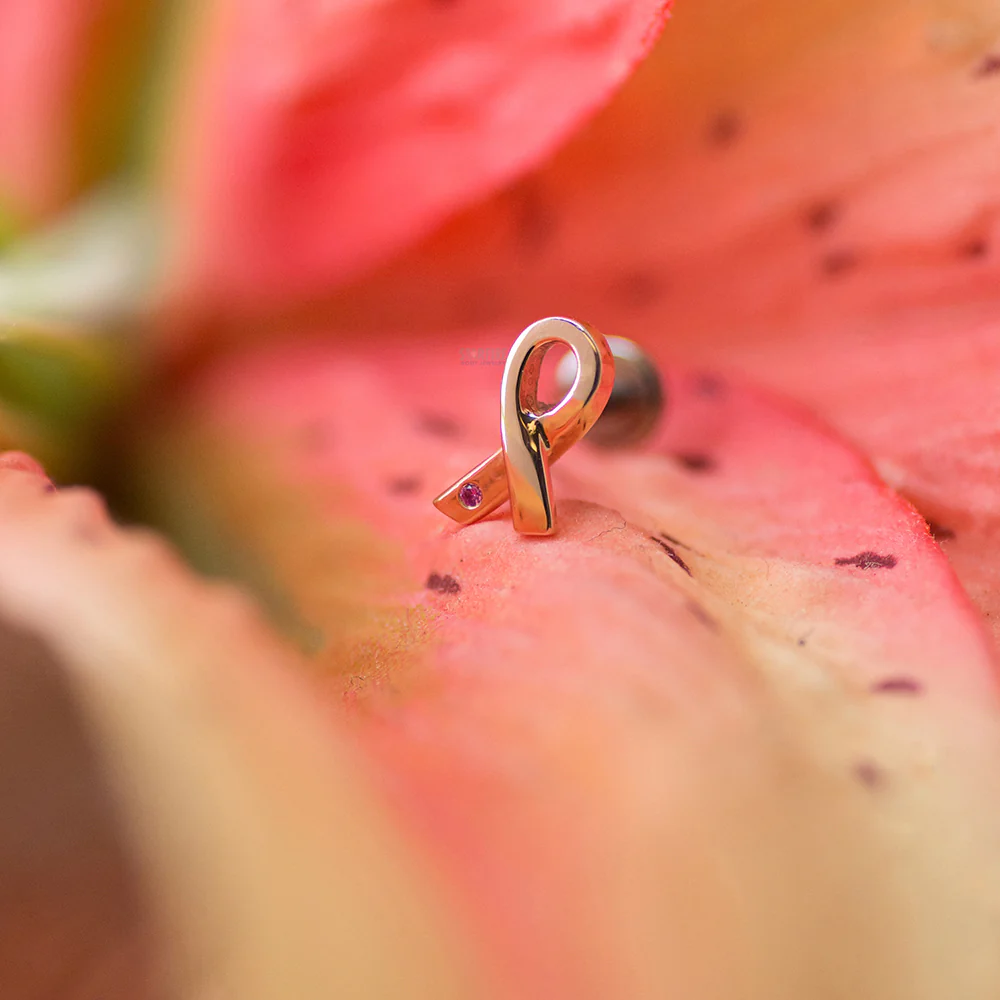 Breast Cancer Awareness Ribbon Threaded End in Gold with Pink Sapphire - Image 2