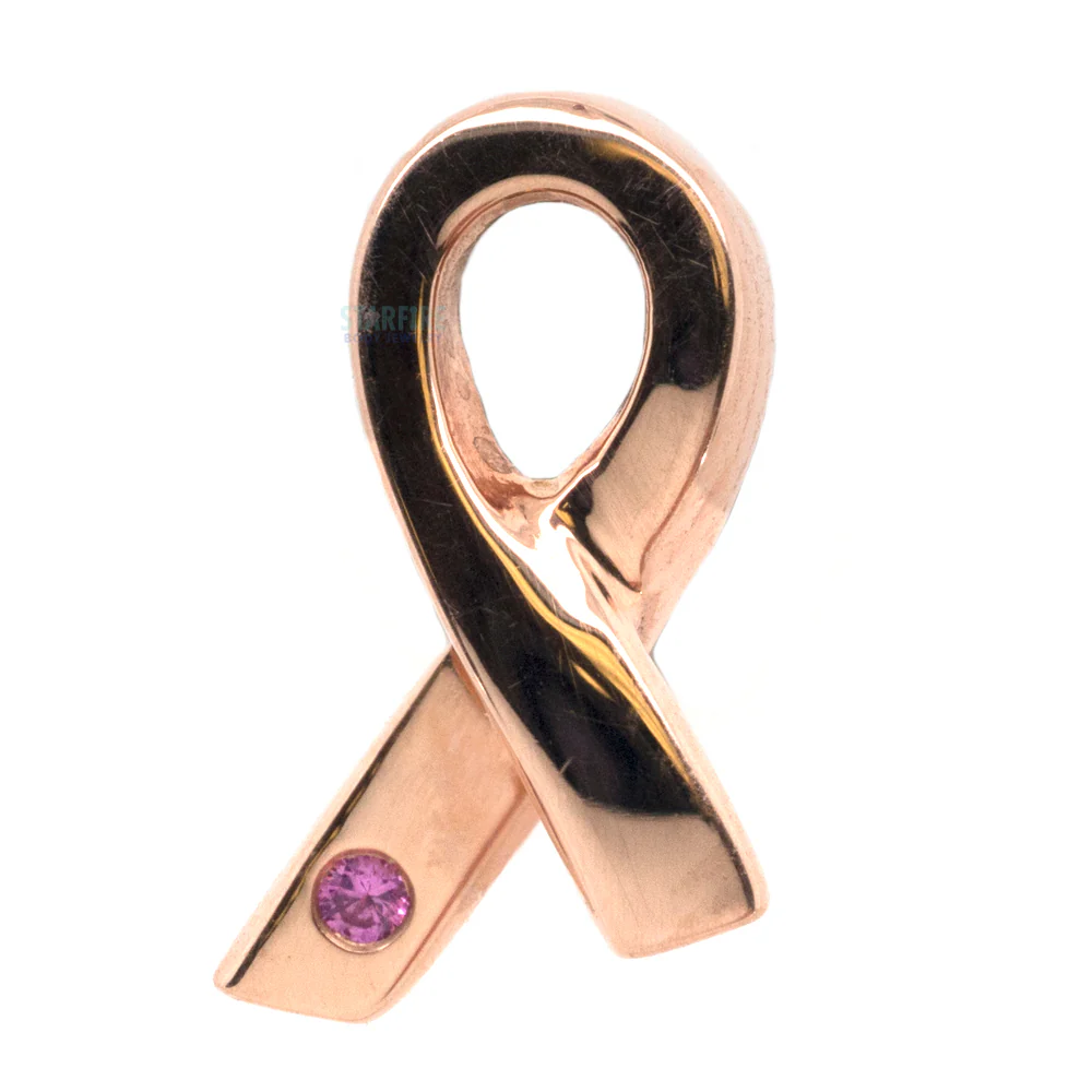 Breast Cancer Awareness Ribbon Threaded End in Gold with Pink Sapphire - Image 3