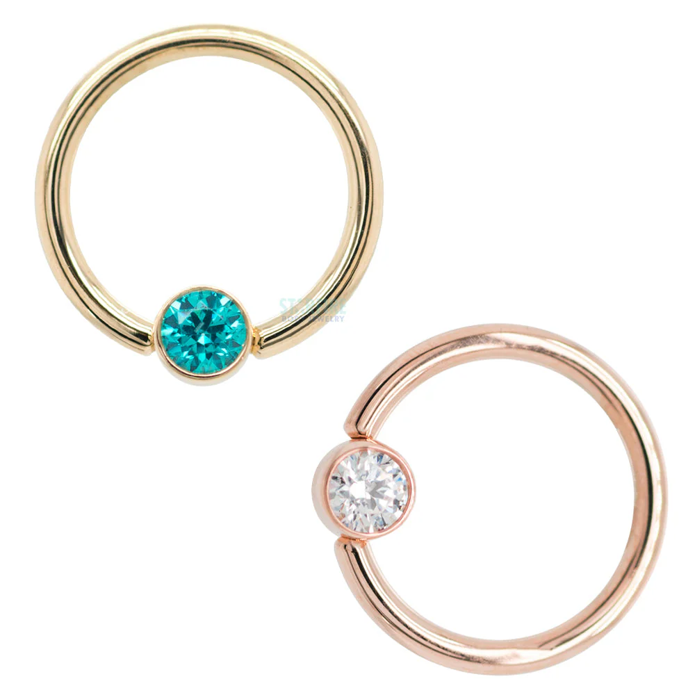 Captive Bead Ring (CBR) in Gold with Bezel-set Synthetic Green Captive Bead - Image 3