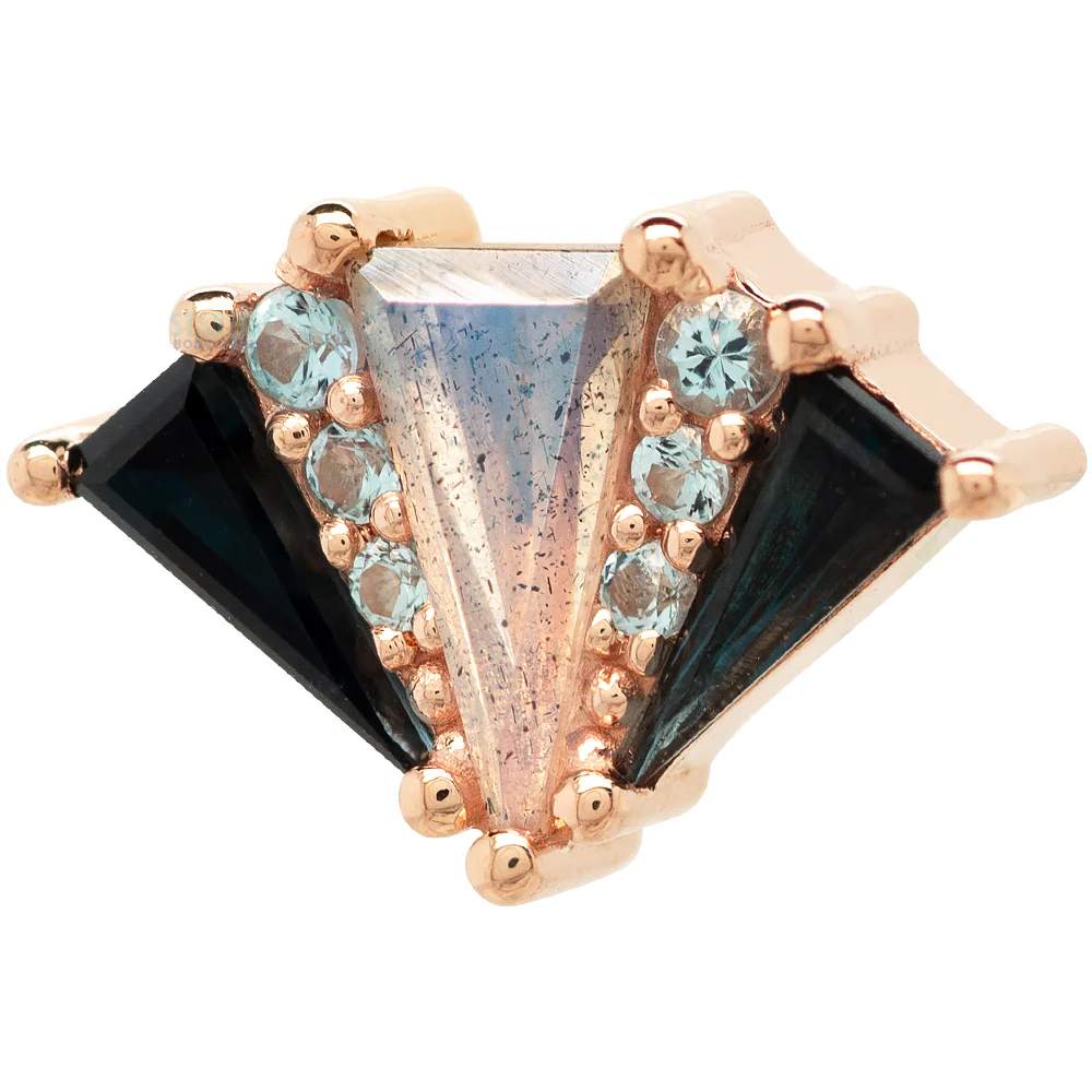"Cerberus" Threaded End in Gold with London Blue Topaz, Swiss Blue Topaz & Labradorite